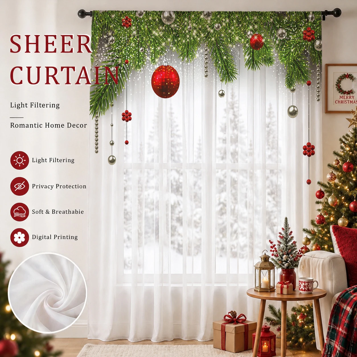 Home Office With Plants - Transparenter Weihnachtsvorhang mit Farbverlauf, hochwertiger, lichtreduzierender