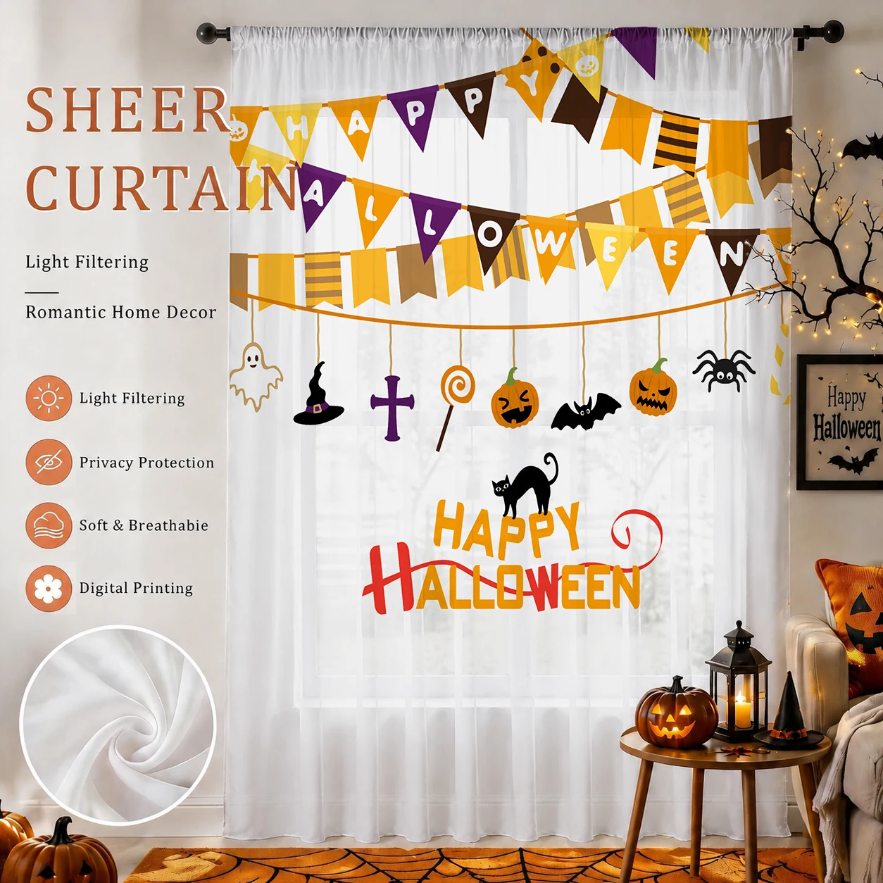 Home Office With Plants - Halloween-Festival-Gardine, hochwertige, lichtreduzierende Sichtschutz-Voile für Wohn-/Schlafzimmer/Kinderzimmer,