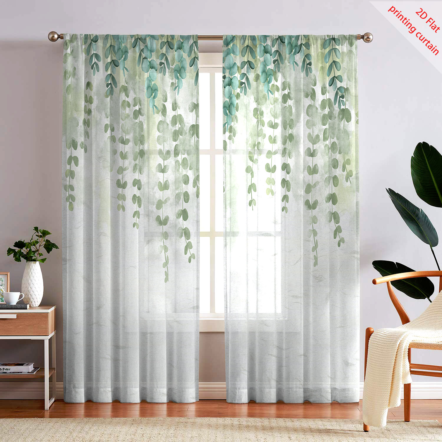 Home Office With Plants - Bedruckter transparenter Gazevorhang mit Pflanzen-, Blumen-