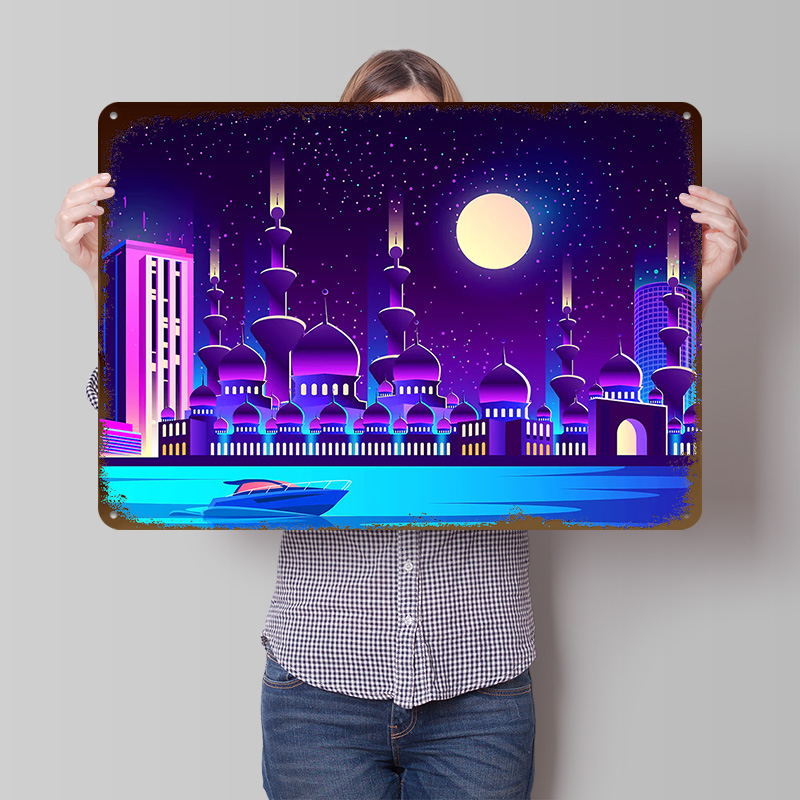 Home Office Dubai - Synthwave Neon City Dubai Metallposter Individualisierte