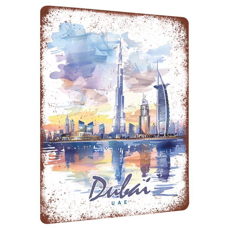 Home Office Dubai - Dubai Skyline Aquarell Metall Wandkunst UAE