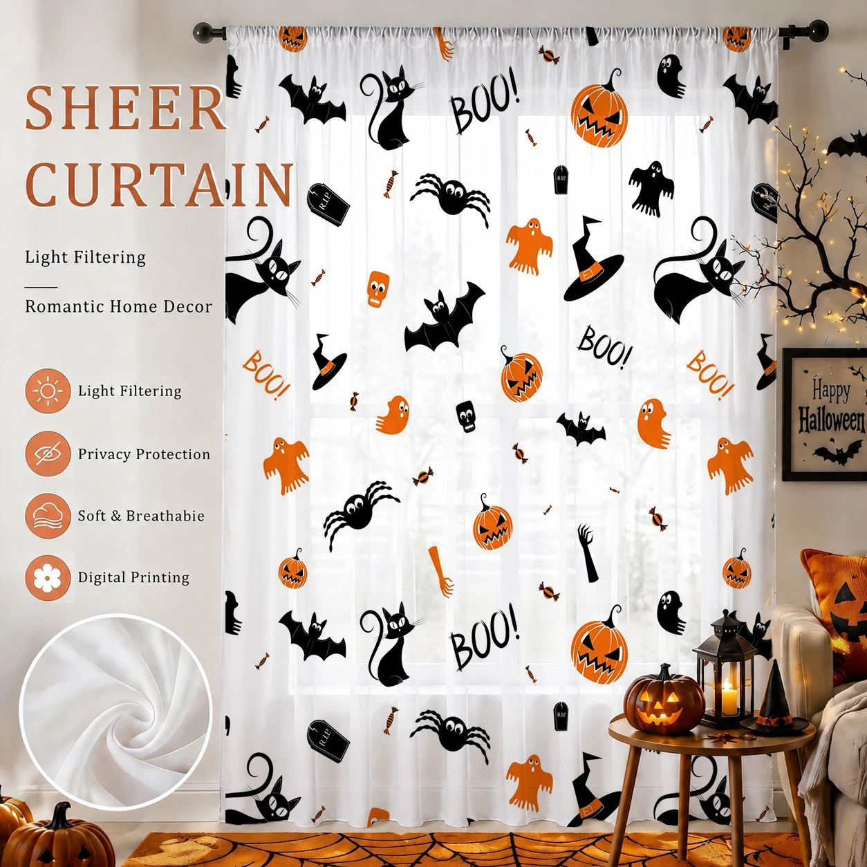 Home Office With Plants - Halloween-Festival Transparenter Vorhang, Hochwertige Lichtreduzierende Sichtschutz-Voile