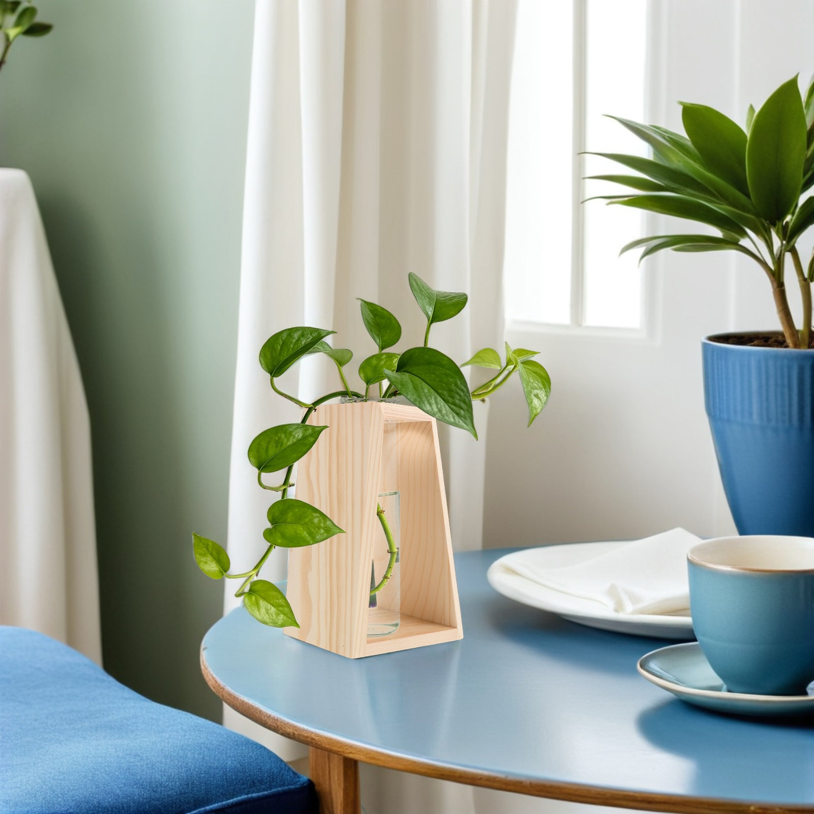 Home Office With Plants - Einzelner Hydroponik-Pflanzglasbehälter mit Holzständer – Stabile