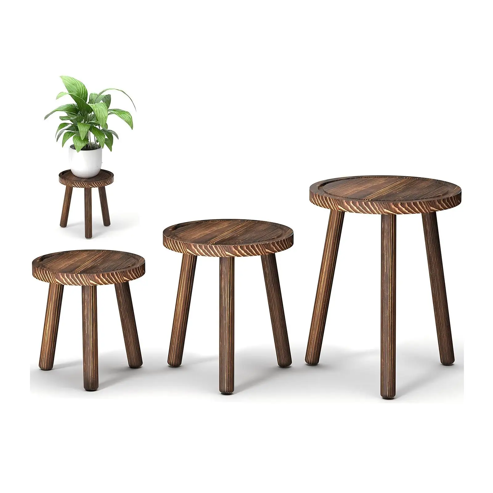 Home Office With Plants - 3-teiliges Holz-Pflanzenständer-Set für den Innenbereich, hoher
