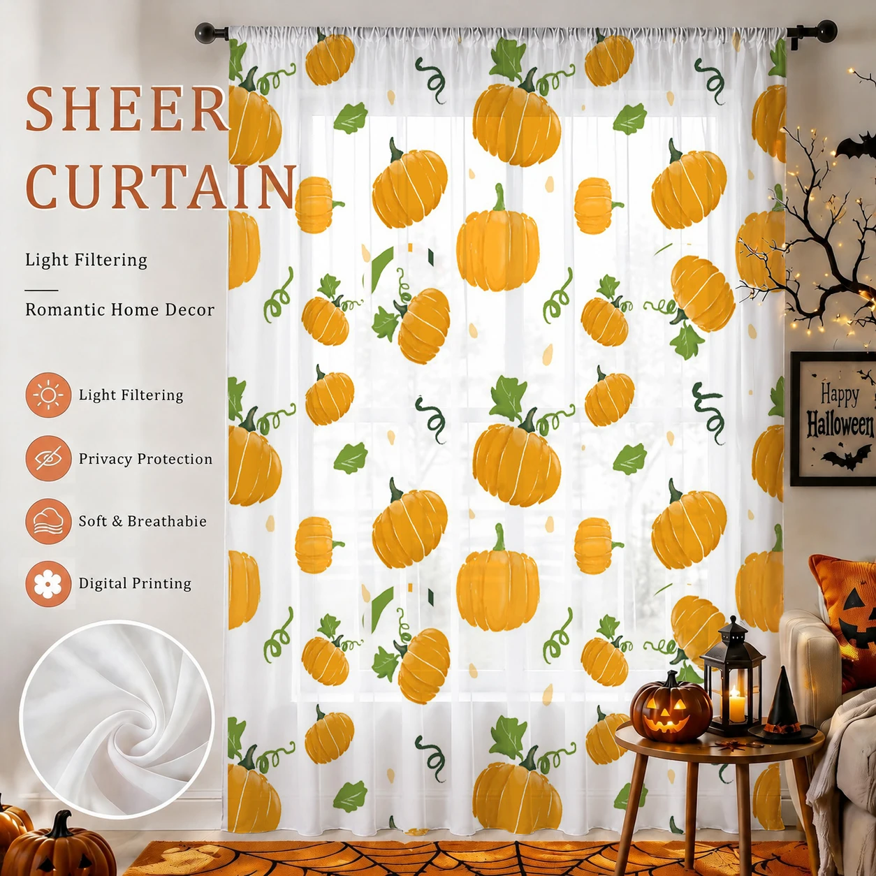Home Office With Plants - Halloween-Gardine mit Schlauchzug, Halloween-Geschenk, Sichtschutz, lichtfilternder