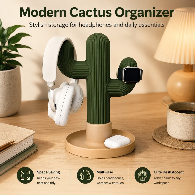 Home Office Organization - Minimalistischer Kaktus-Kopfhörerständer Multifunktionaler Desktop-Organizer für Kopfhörer,